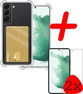 Samsung Galaxy S22 Shock Hoesje En Pas Houder Met 2x Screenprotector Tempered Glass - Samsung Galaxy S22 Screen Protector Beschermglas Hoes Pasjeshouder - Transparant