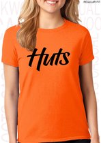 HUTS damesshirt - Oranje met zwart - Maat XS - Korte mouwen - Ronde hals - Regular Fit - Grappige teksten - Leuke shirts - Humor - Quotes - Kwoots - Cadeau - Koningsdag - Wij houde