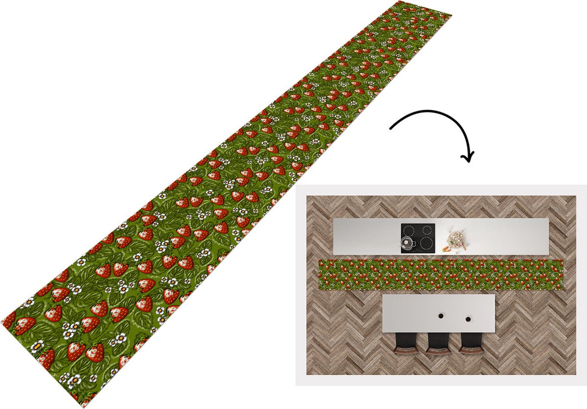 KitchenYeah Keukenloper - Keukenmat - Bloemen - Aardbei - Bladeren - Vegan - Patronen - 400x50 cm - Keuken vloerkleed Multicolor