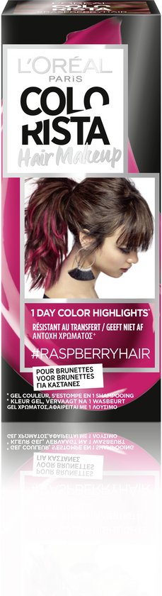L'Oréal Paris COLORISTA doos met roze highlights, '1 DAY COLOR HIGHLIGHTS' en '#RASPBERRYHAIR'.