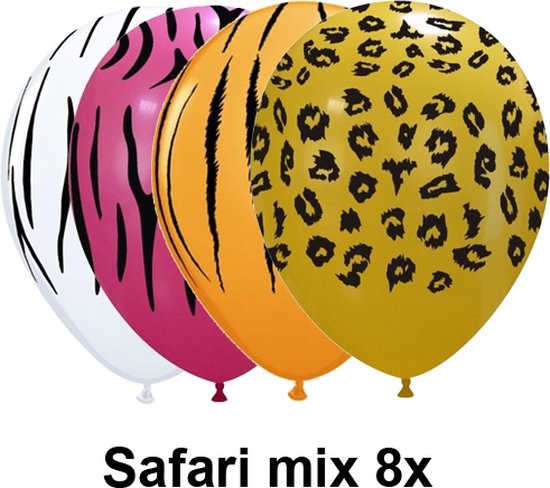 Dierenprint ballonnen mix tijger, zebra en luipaard, 8 stuks, 30cm