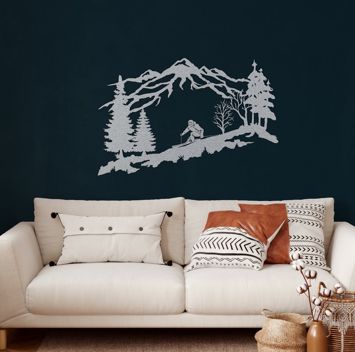 Wanddecoratie |Skiër / Skier | Metal - Wall Art | Muurdecoratie | Woonkamer |Zilver| 60x38cm