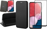 Hoesje geschikt voor Samsung Galaxy A13 4G - Book Case Lederen Wallet Cover Minimalistisch Pasjeshouder Hoes Zwart - Full Tempered Glass Screenprotector
