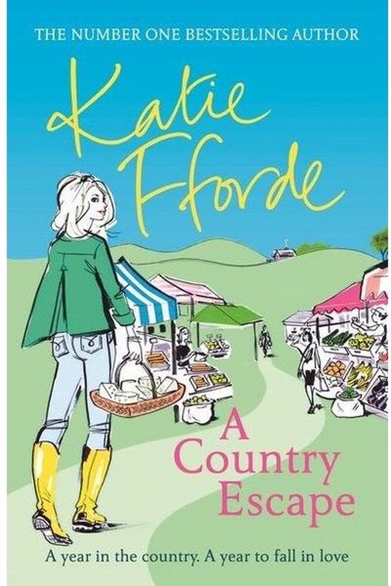 Boekcover van 'A Country Escape' met een blonde vrouw in een groene jas en gele laarzen die een mand met brood draagt. Achtergrond van een boerenmarkt.