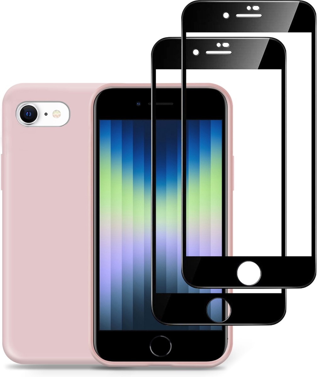 Geschikt voor iPhone SE 2022 Hoesje + 2x Screenprotector – Full Cover Gehard Glas – Suède Back Cover Case Rose