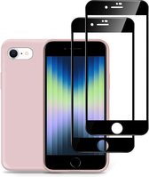 iPhone SE 2022 Hoesje + 2x iPhone SE 2022 Screenprotector – Full Cover Gehard Glas – Suède Back Cover Case Rose