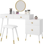 naqsh store Make-uptafel met kruk en spiegel, kaptafel met 4 schuifladen en kaptafel voor slaapkamer, wit goud, 0036SZT