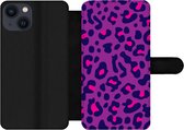 Étui pour téléphone iPhone 13 Bookcase - Imprimé panthère - Violet - Rose - Avec poches - Étui portefeuille avec fermeture magnétique