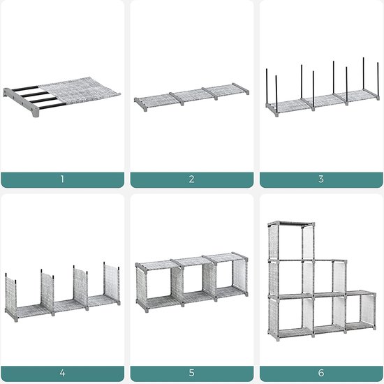 naqsh store Doe-het-zelf opbergrek met 6 vakken, open boekenkast voor werkkamer, organizer voor woonkamer grijs LSN063G12 - Naqsh Store