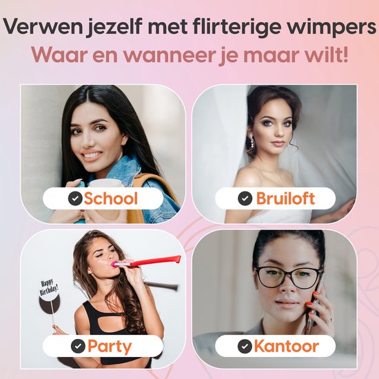 Vier vrouwen in verschillende scenario's: school, bruiloft, feest en kantoor.