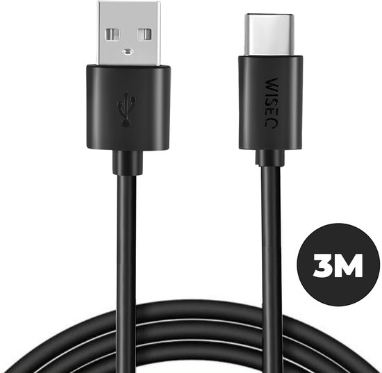 WiseQ USB naar USB C Kabel - oplaadkabel - Fast charge datakabel 3 meter - Zwart geschikt voor alle apparaten