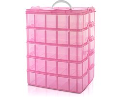 Belle Vous 5 Laags Hoge Roze Transparante Plastic Stapelbare Opslag Doos - Aanpasbare Compartiment slots - Maximaal 50 Compartimenten – Container Voor het Opslaan van Speelgoed, Sieraden, Kralen