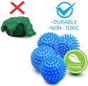 Quatre boules de sèche-linge bleues avec des picots, avec des icônes indiquant 'durable', 'non toxique' et 'écologique'.