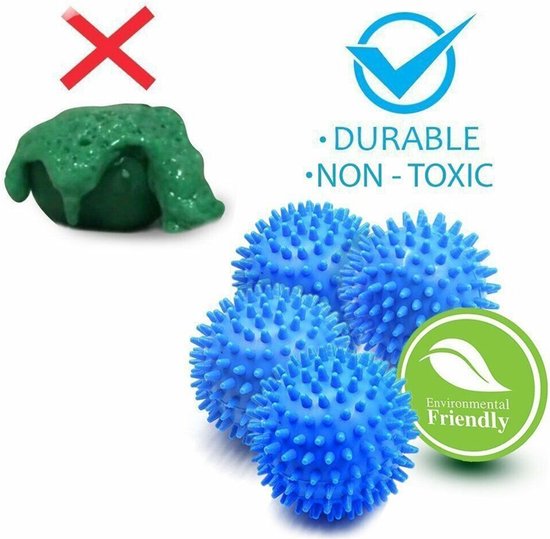 Quatre boules de sèche-linge bleues avec des picots, avec des icônes indiquant 'durable', 'non toxique' et 'écologique'.