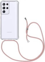 Samsung Galaxy S22 Ultra Hoesje - Samsung Galaxy S22 Ultra hoesje transparant met rosé koord shock proof case