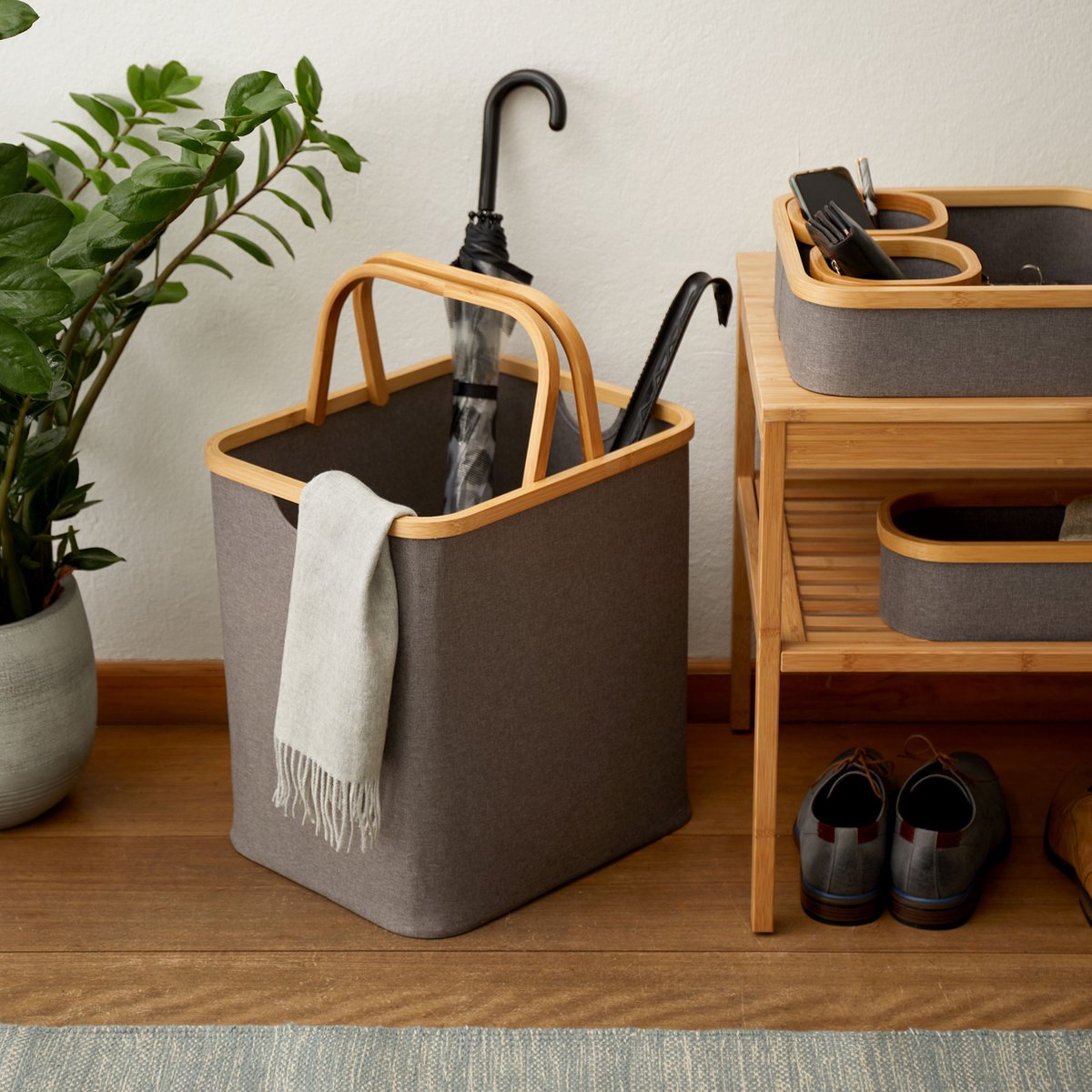 Lumaland opvouwbare opbergmand bamboe-frame in set van 2 van 40,5 x 33 x 17 cm en 40,5 x 33 x 42 cm antharciet
