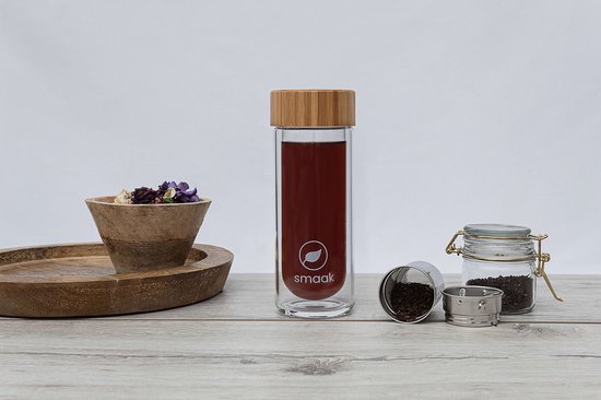 amapodo theefles met zeefje to go - drinkfles voor thee van glas in 400ml - dubbelwandige theepot - thee accessoires - theefles (Bamboe (Tea Tree ontwerp