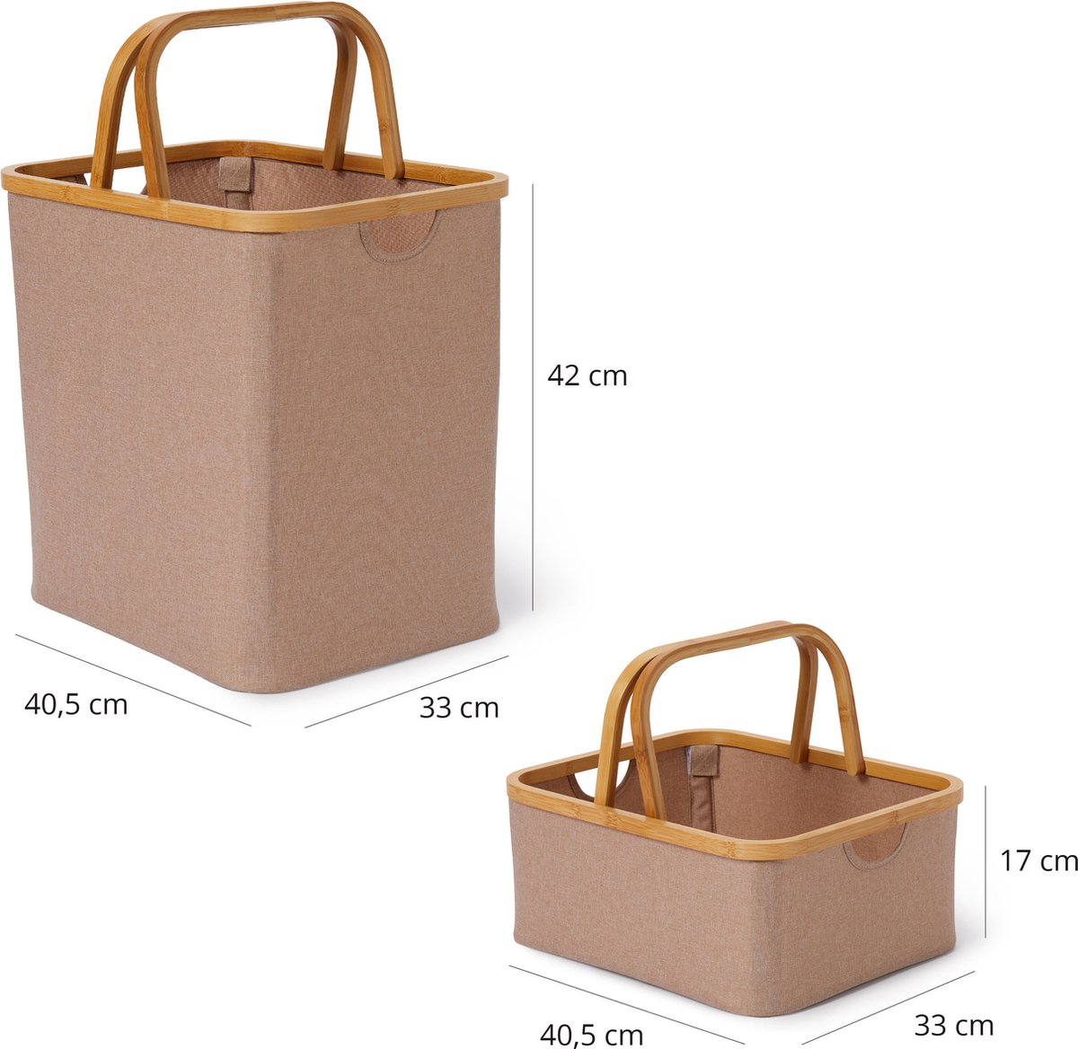 Lumaland opvouwbare opbergmand bamboe-frame in set van 2 van 40,5 x 33 x 17 cm en 40,5 x 33 x 42 cm taupe