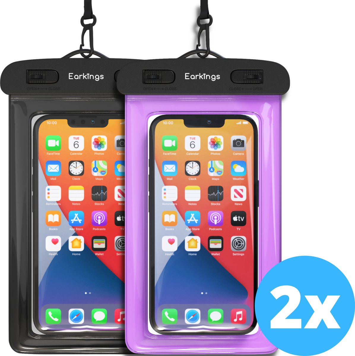 Waterdichte telefoonhoesjes - Drybag Set van 2 stuks - Onderwater Hoesje Telefoon voor Alle Telefoons - Waterdicht telefoonhoesje Earkings - Zwart & Paars