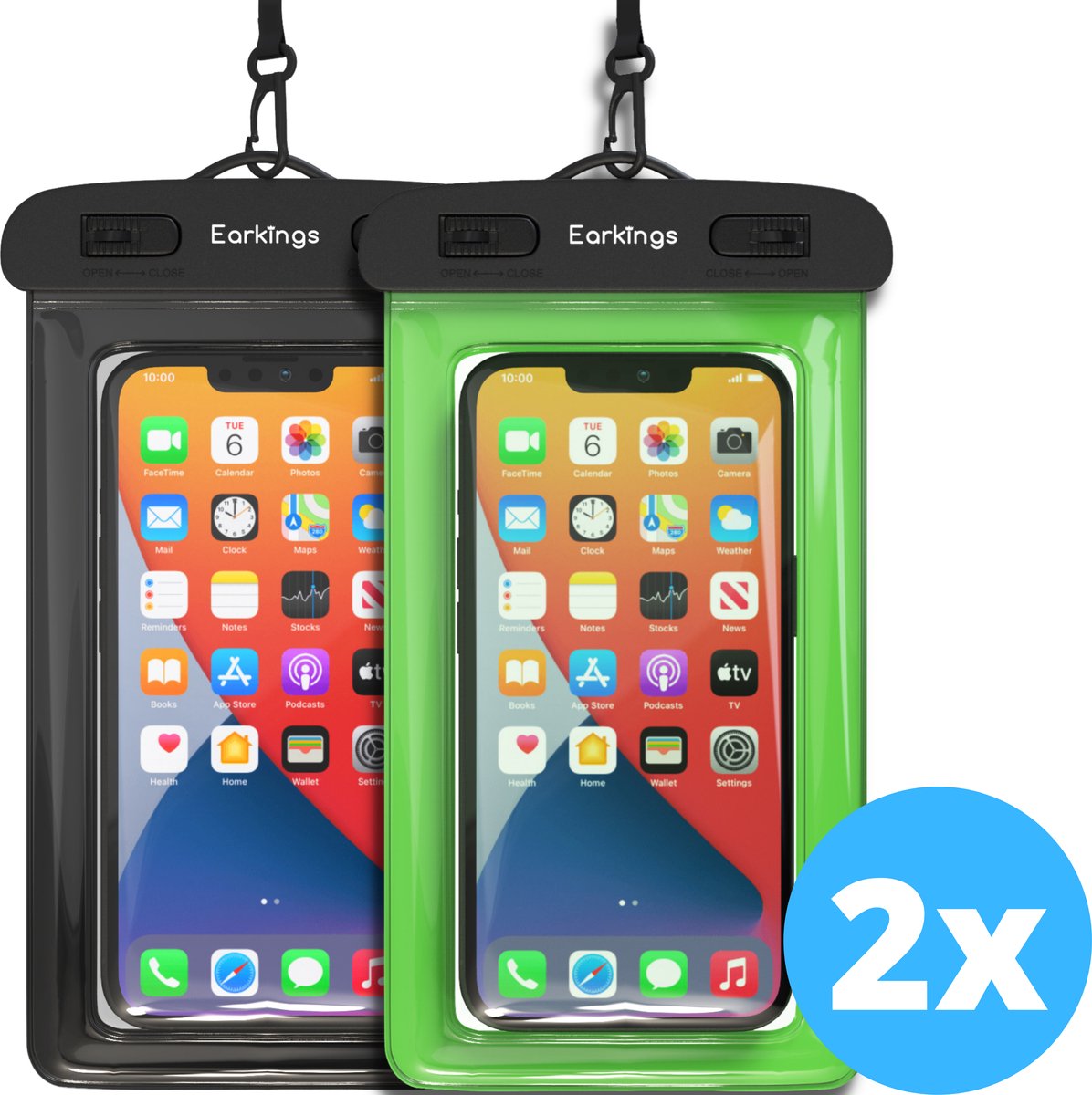 Waterdichte telefoonhoesjes - Drybag Set van 2 stuks - Onderwater Hoesje Telefoon voor Alle Telefoons - Waterdicht telefoonhoesje Earkings - Zwart & Groen
