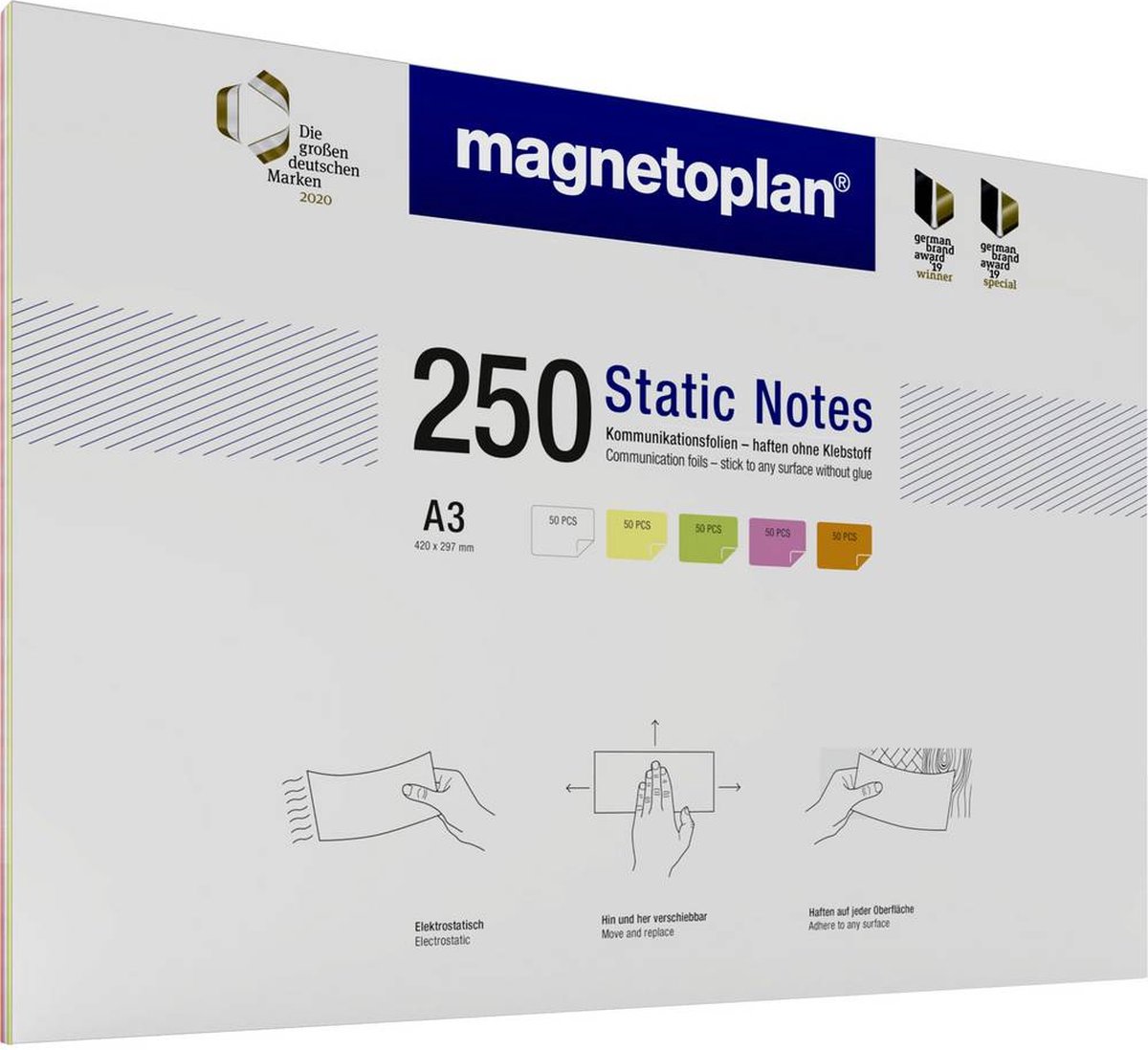 Magnetoplan Plaknotitie Static Notes 420 mm x 297 mm Wit, Geel, Groen, Roze, Oranje 250 stuk(s)