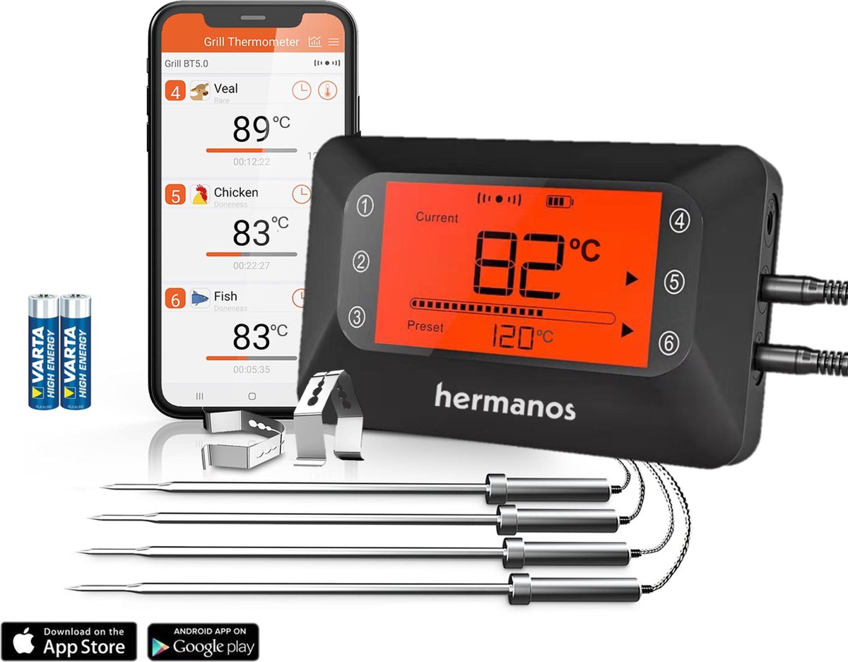 Hermanos® Digitale BBQ Thermometer Draadloos - Keukenthermometer - Bluetooth met app - 4 Sondes - Magneet - Incl. Batterijen - Hermanos