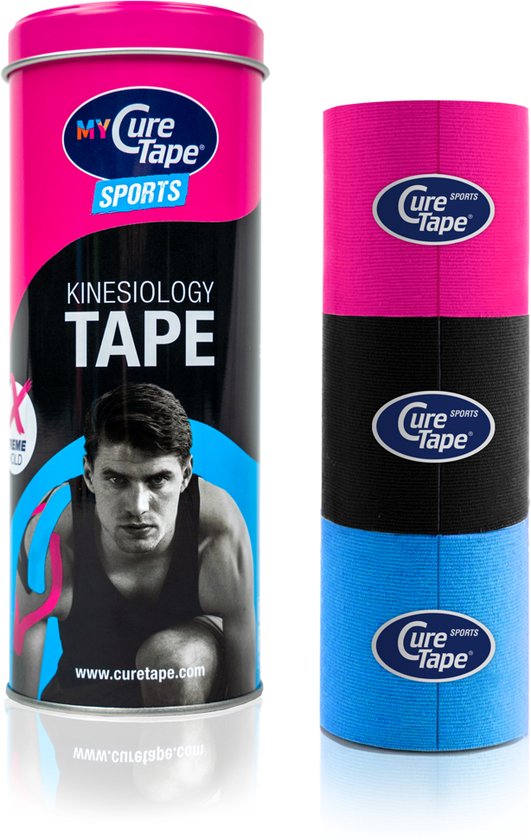 My CureTape® Sports Pink, black en Blue - koker met 3 rollen - Extra kleefkracht (kinesiotape, kinesiologie tape, fysiotape, sporttape)