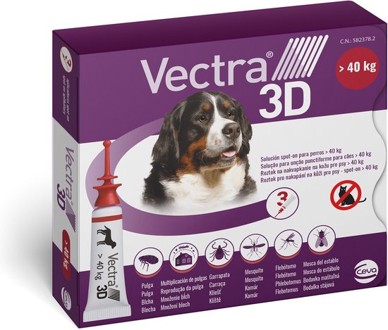 VECTRA 3D Hond - vanaf 40kg - Anti Teken- en Vlooiendruppels hond - 3 pipetten