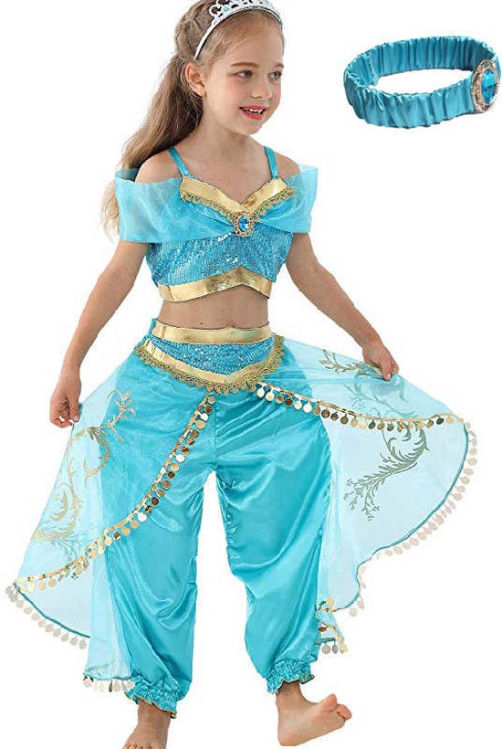 Joya Beauty® Jasmine Verkleed Kostuum | Arabische prinsessen jurk | Maat 128-134 (130) + Jasmine Haarband | Cadeau meisje