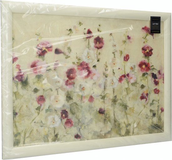 Dienblad op schoot, verpakt in plastic, met een crèmekleurige rand. Het blad is bedrukt met een aquarel van rode en witte bloemen, waaronder klaprozen.