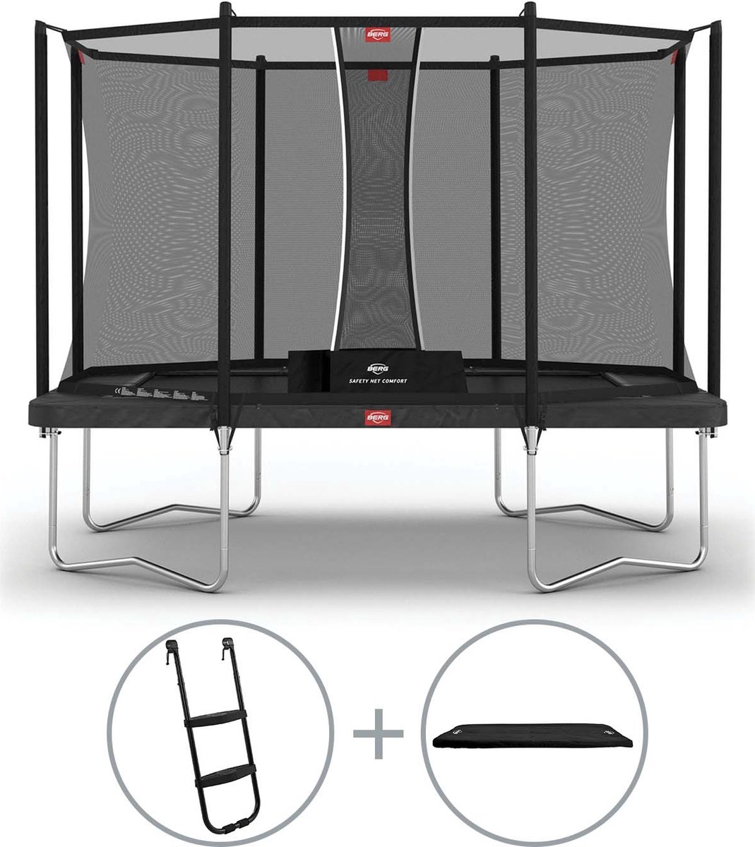 BERG Favorit rechthoekige trampoline op poten 330cm met veiligheidsnet Comfort grijs incl. ladder en afdekhoes