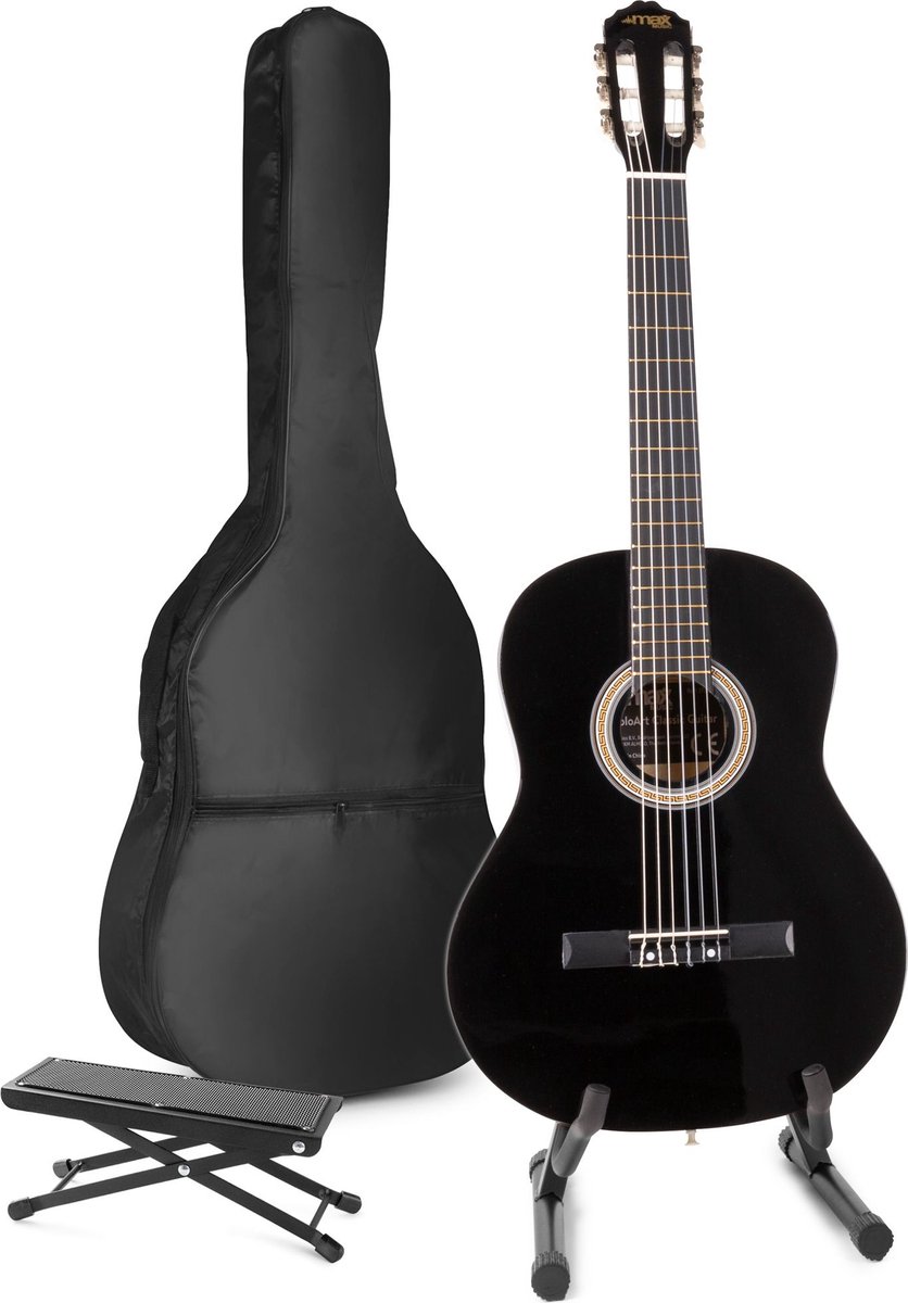 Akoestische gitaar voor beginners - MAX SoloArt klassieke gitaar / Spaanse gitaar met o.a. 39'' gitaar, gitaar standaard, voetsteun, gitaartas, gitaar stemapparaat en extra accessoires - Zwart