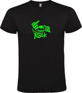 Zwart  T shirt met  print van "Doodshoofd met ROCK en middelvinger" in Glow in the Dark print size XXL