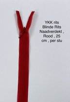 YKK rits, Blinde Rits Naadverdekt, Rood, 25 cm, Per Stuk.
