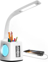 VAZILLIO Bureaulamp voor kinderen, 10 W, 6-in-1 oogbescherming, bedlamp, dimbaar, penhouder, tafellamp met LCD-display, kalender, wekker, USB-aansluiting, voor kinderen, nieuwjaarscadeau [Ene