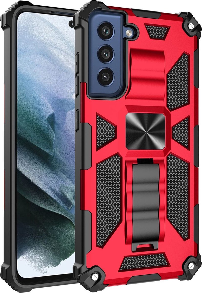 Mobigear Hoesje geschikt voor Samsung Galaxy S21 FE Telefoonhoesje Hardcase | Mobigear Armor Stand Backcover Shockproof met Standaard | Schokbestendig Galaxy S21 FE Telefoonhoesje | Anti Shock Proof - Rood