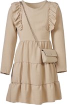 Ruffle meisjes jurk lange mouwen met  stroken en een bijpassend tasje -beige | Maat 128/ 8Y