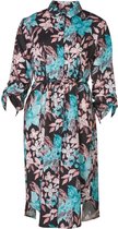 Dames jurk 3/4 mouwen met kraag, knopen, strik-ceintuur  met bloemenprint -  zwart/aquablauw | Maat M