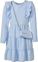 Ruffle meisjes jurk lange mouwen met  stroken en een bijpassend tasje - pastel blauw | Maat 104/ 4Y