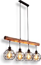 Vintage Hanglamp - Houten Hanglamp - hanglamp zwart, licht hout, 4 lichts  - Scandinavisch Hanglamp  E27 fitting in hoogte verstelbaar