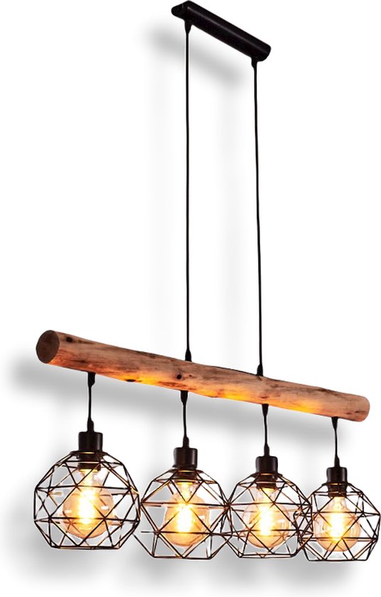 Belanian.nl - - Vintage Hanglamp - Houten Hanglamp - hanglamp zwart, licht hout, 4 lichts  Scandinavisch Hanglamp  E27 fitting in hoogte verstelbaar