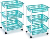 2x stuks opberg organiser trolleys/roltafels met 3 manden 62 cm in het turquoise blauw - Etagewagentje/karretje met opbergkratten