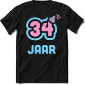 34 Jaar Feest kado T-Shirt Heren / Dames - Perfect Verjaardag Cadeau Shirt - Licht Blauw / Licht Roze - Maat S