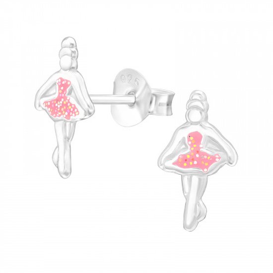 Oorbellen meisjes zilver | Zilveren oorstekers, ballerina met roze glitterjurkje