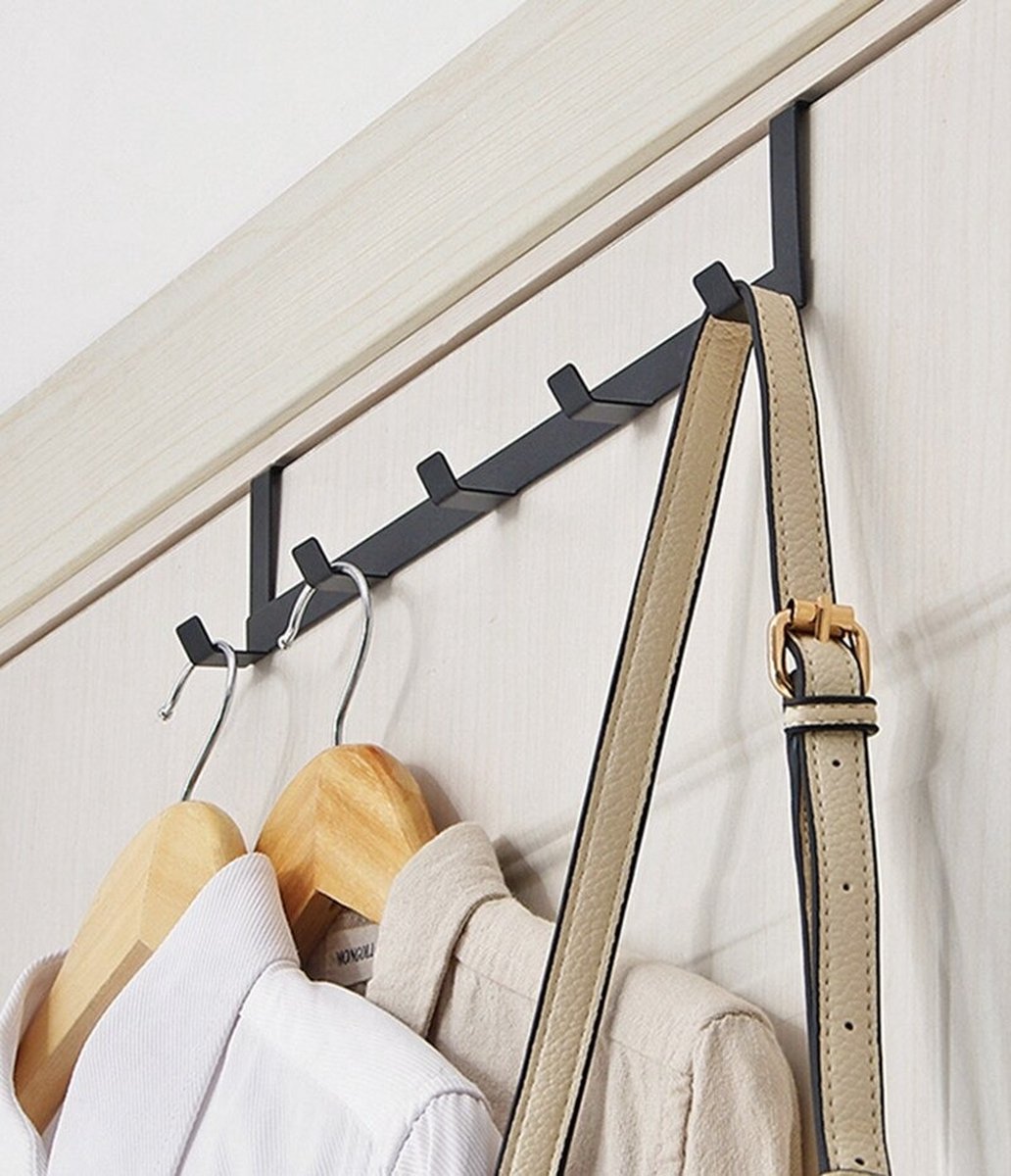 Hangende Kapstok - Deurrek - Deurkapstok met 5 Deur Haken - Deurhanger -  Kapstok voor Handdoek en Kleding - Woonaccessoires -Metaal - Zwart