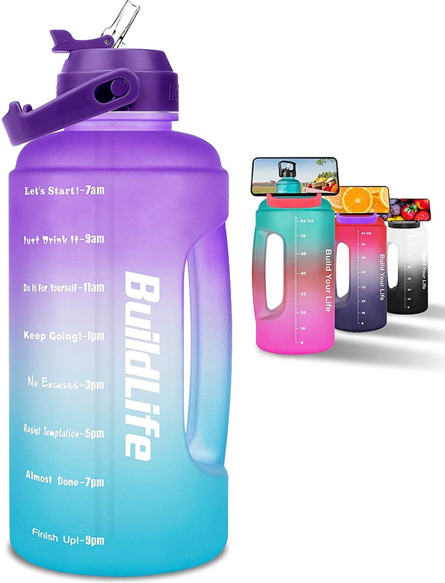 Drinkfles met rietje, 2,2 liter, motiverend, grote fles, tijdmarkering, sportfles, waterfles, BPA-vrij, lekvrij voor fitness, camping (paars-blauw, 2,2 liter)