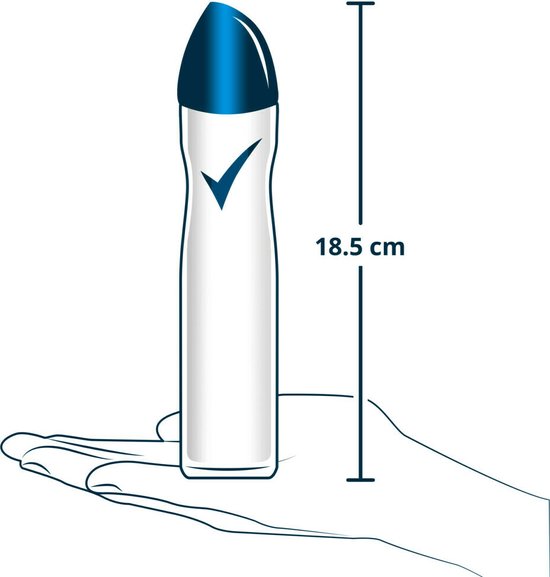 Rechtopstaande witte Rexona deodorant bus met blauwe dop, 18.5 cm hoog, in een hand.