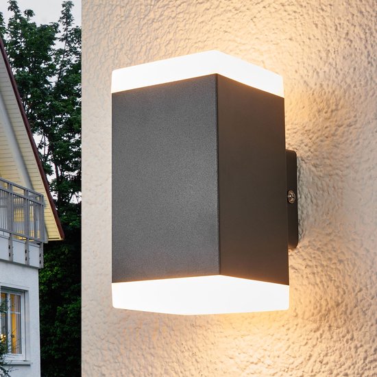 Lindby - LED wandlamp buiten - 2 lichts - edelstaal, kunststof - H: 15 cm - donkergrijs, opaalwit - Inclusief lichtbronnen