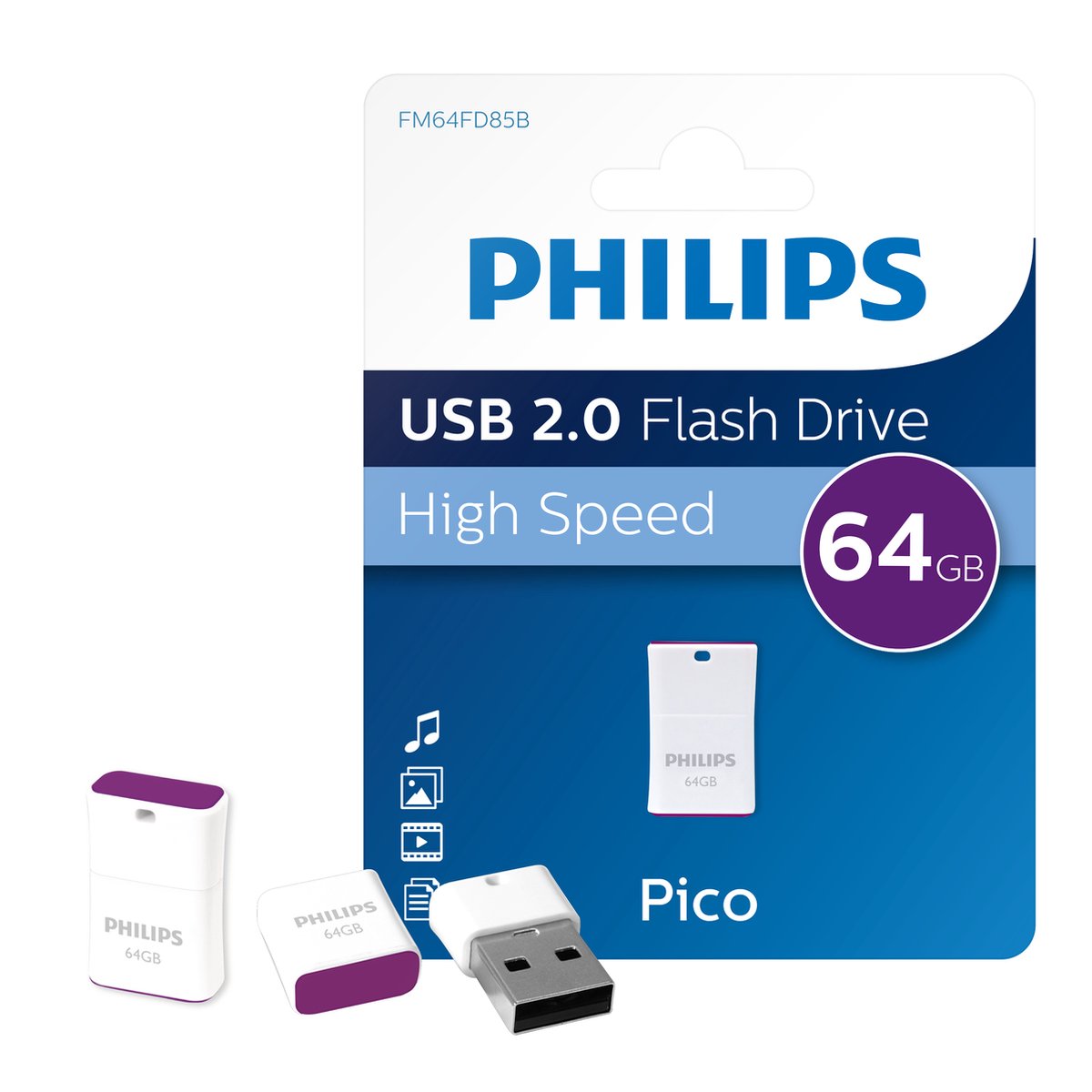 Philips PICO Usb-stick - USB 2.0 A - 64 GB - purple white