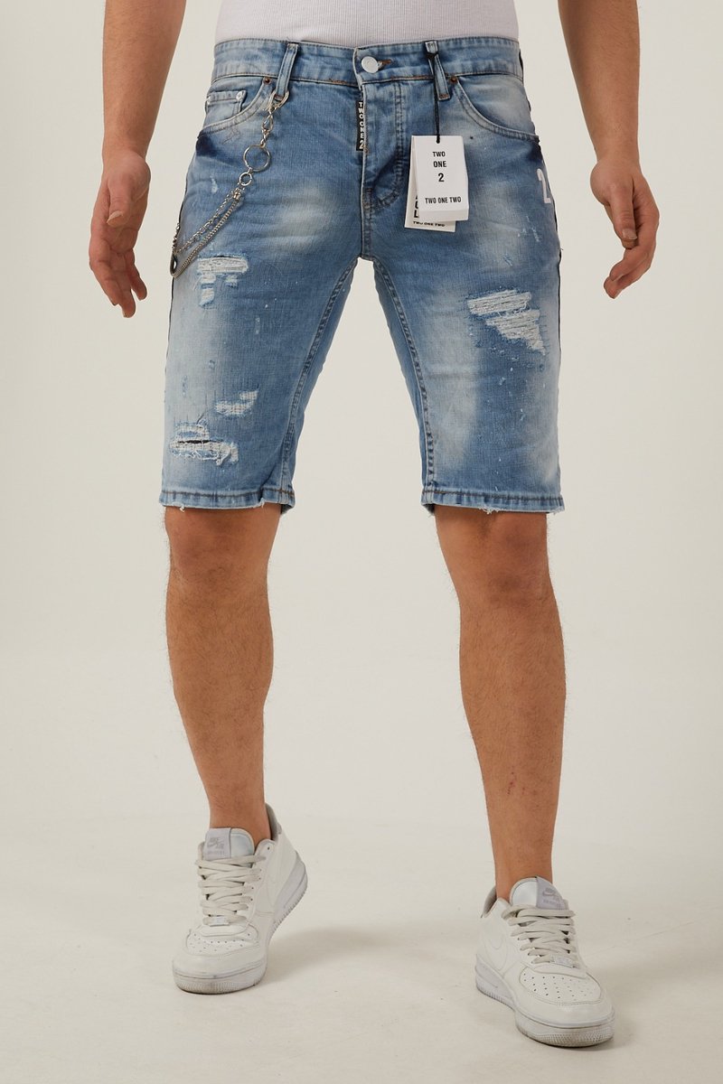 212 By Xway Jeans K-514 | Ripped met Paint Splatter Heren Slim Fit Jeans Shorts | Korte Spijkerbroek | Slim Fit | Premium Street Fashion | Blauw